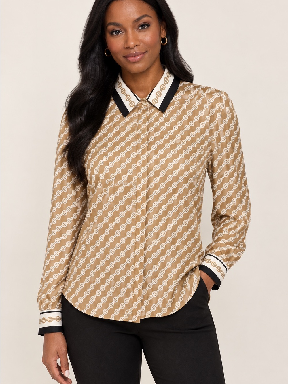 Ann Taylor Tan Chain-Pattern Button-Front Blouse with Black-Trim Collar